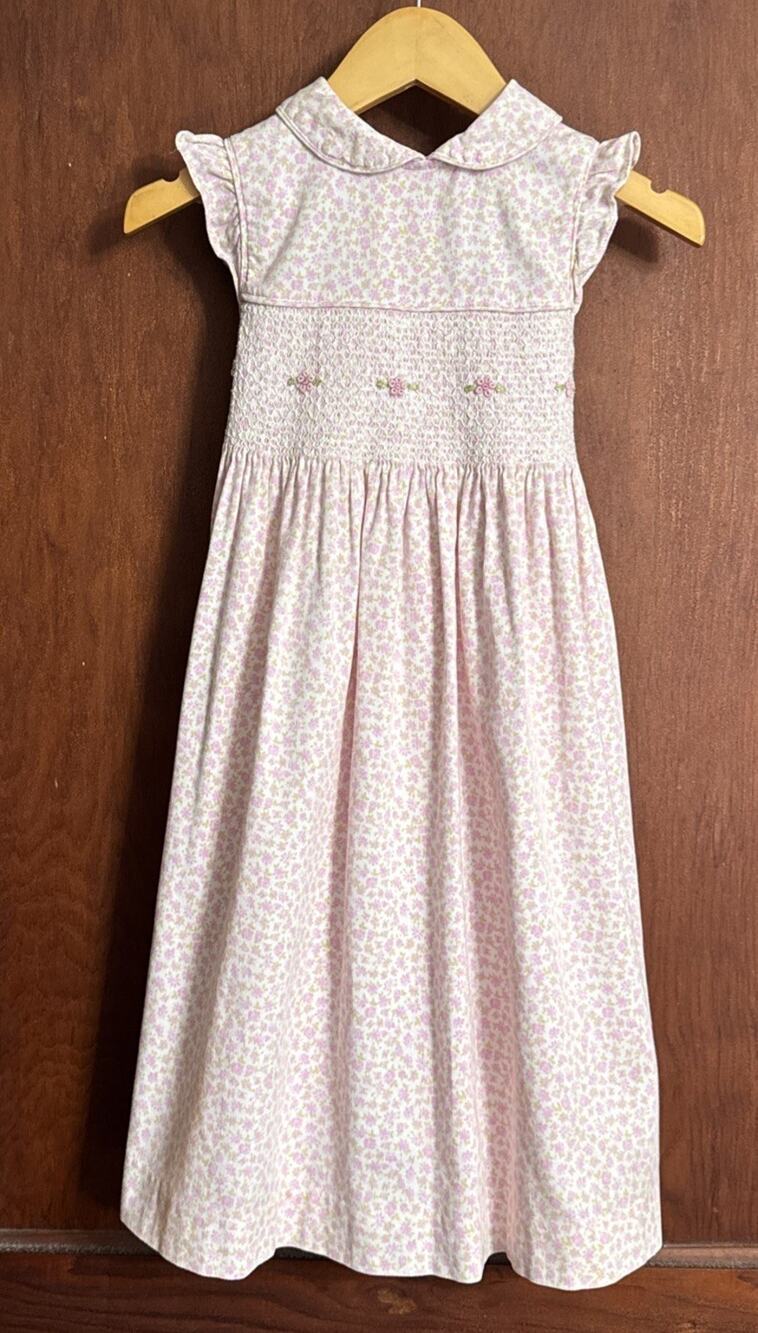 Vintage Laura Ashley Girls 5 Pink Floral Smocked Dress Peter Pan Collar Cotton